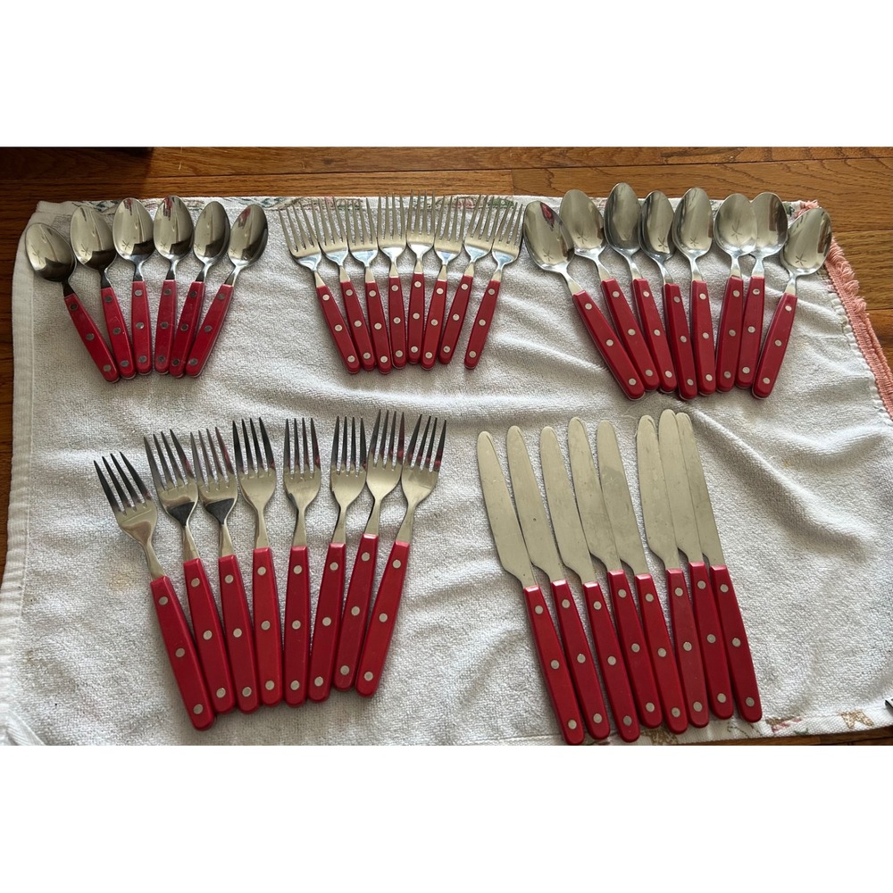 Vintage Red Riveted Handle Flatware Set 38 Piece Stainless Steel Silverware